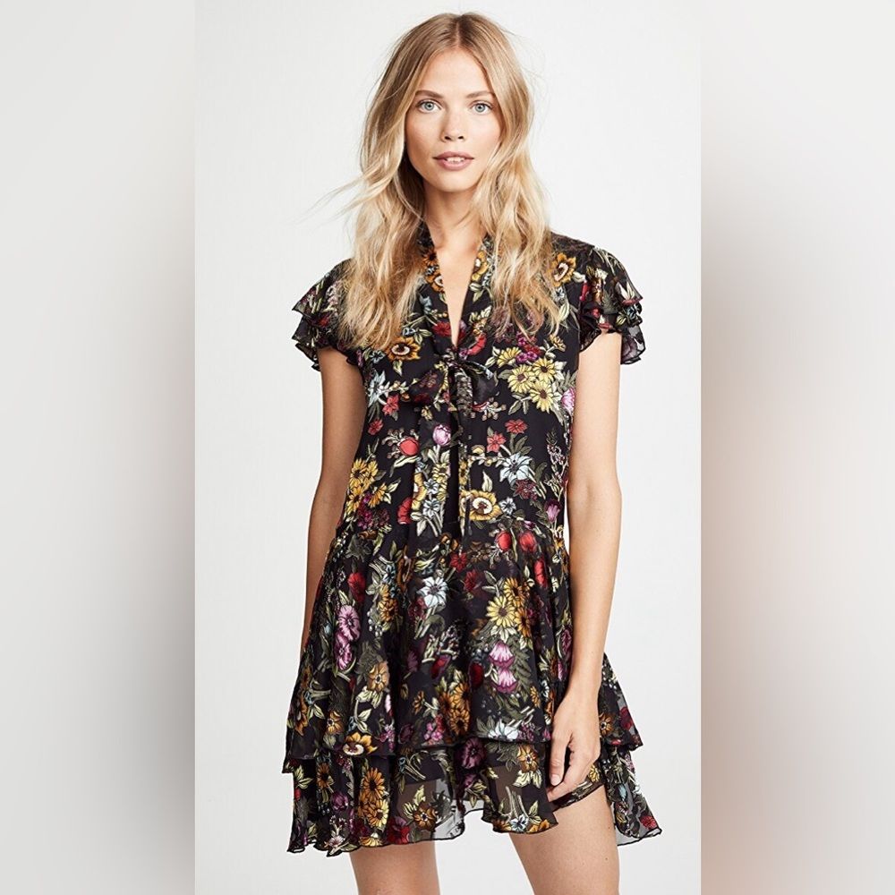 Alice + Olivia Moore Ruffle Tiered Floral Silk Blend Dress Size 6